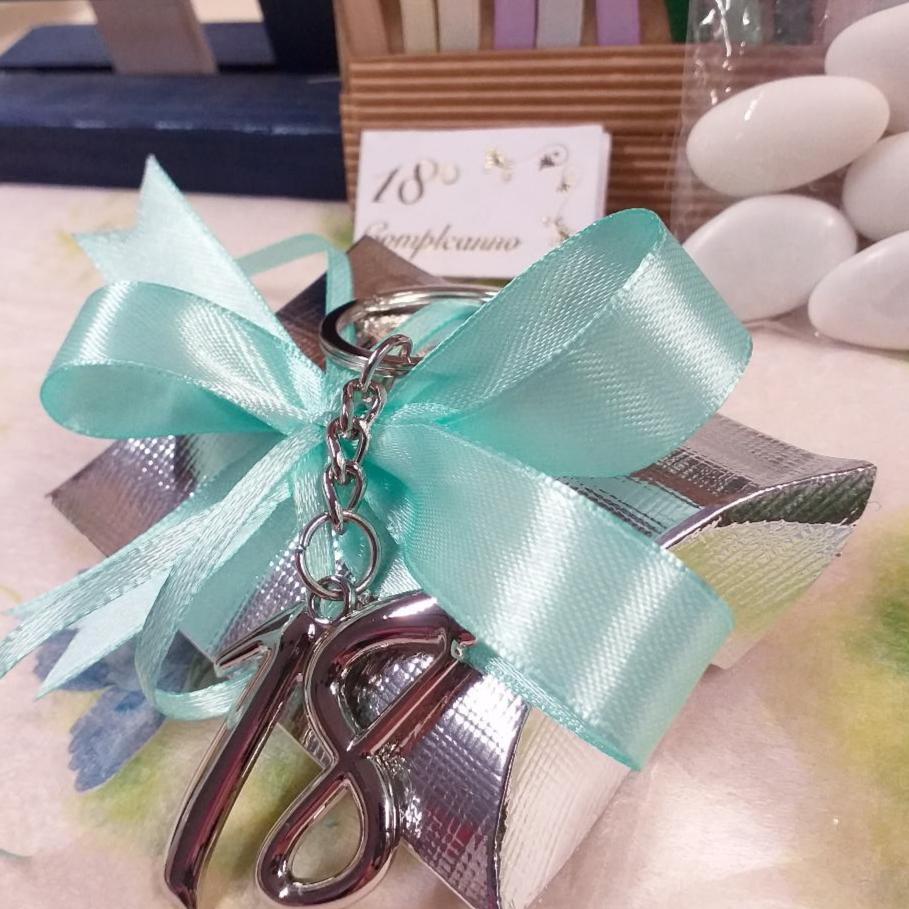 coccarda tiffani-chiaro bustina cartoncino argento portachiavi metallo anello catenella numero 18 bomboniera diciottesimo compleanno confezionata o kit fai da te bigliettino nastro confetti