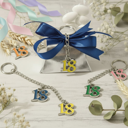 coccarda blu bustina cartoncino argento portachiavi metallo anello catenella numero 18 bomboniera diciottesimo compleanno confezionata o kit fai da te bigliettino nastro confetti