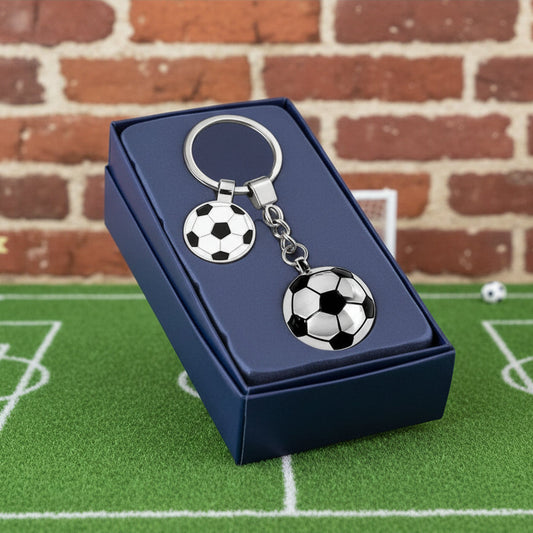 portachiavi calcio di metallo con gettone pallone bianco nero scatolina blu bomboniera Comunione Cresima