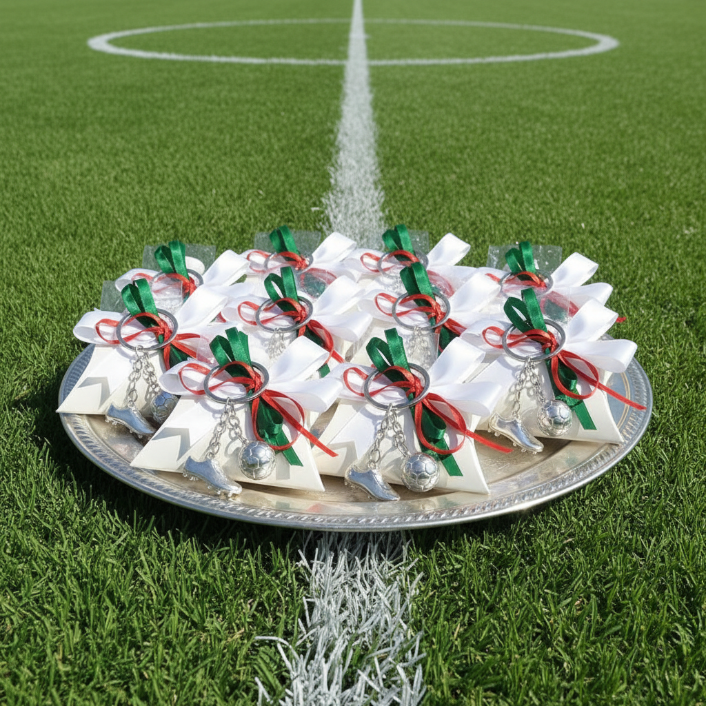 allestimento campo da calcio per portachiavi di metallo scarpetta e pallone confezionato confetti bustina cartoncino coccarda colori italiani bigliettino ideale bomboniera segnaposto prima comunione santa cresima 18° compleanno laurea