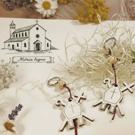 portachiavi Comunione Cresima simboli mitria pastorale vescovile targhetta icona legno ciondolo cordino perline palline coccarda segnaposto confezionato o kit fai da te