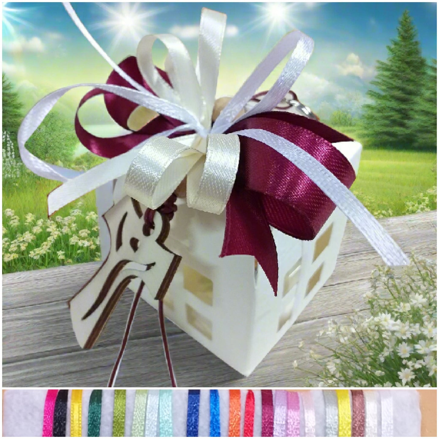 bianco bordò panna bomboniera artigianale religiosa sacra Comunione Cresima portachiavi Croce legno Tau francescana cordino perline confezionata confetti lanterna cartoncino scatolina bigliettino personalizzato Santo Giorno con simboli