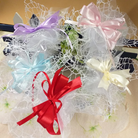 allestimento confettata con sacchetto confetti italiani maxtris a rete bianca confezionato coccarda fiocco bigliettino stampato scelta colori nastrini o kit fai da te