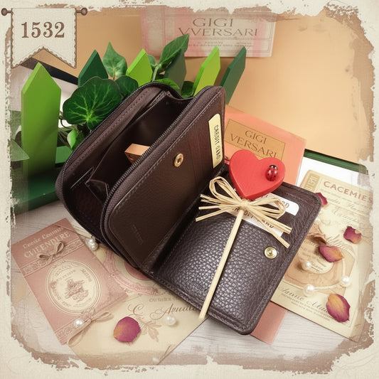 marrone scuro ecopelle portafoglio cerniera bottone donna portafortuna con scomparti portacarte borsellino portadocumenti classico idea regalo