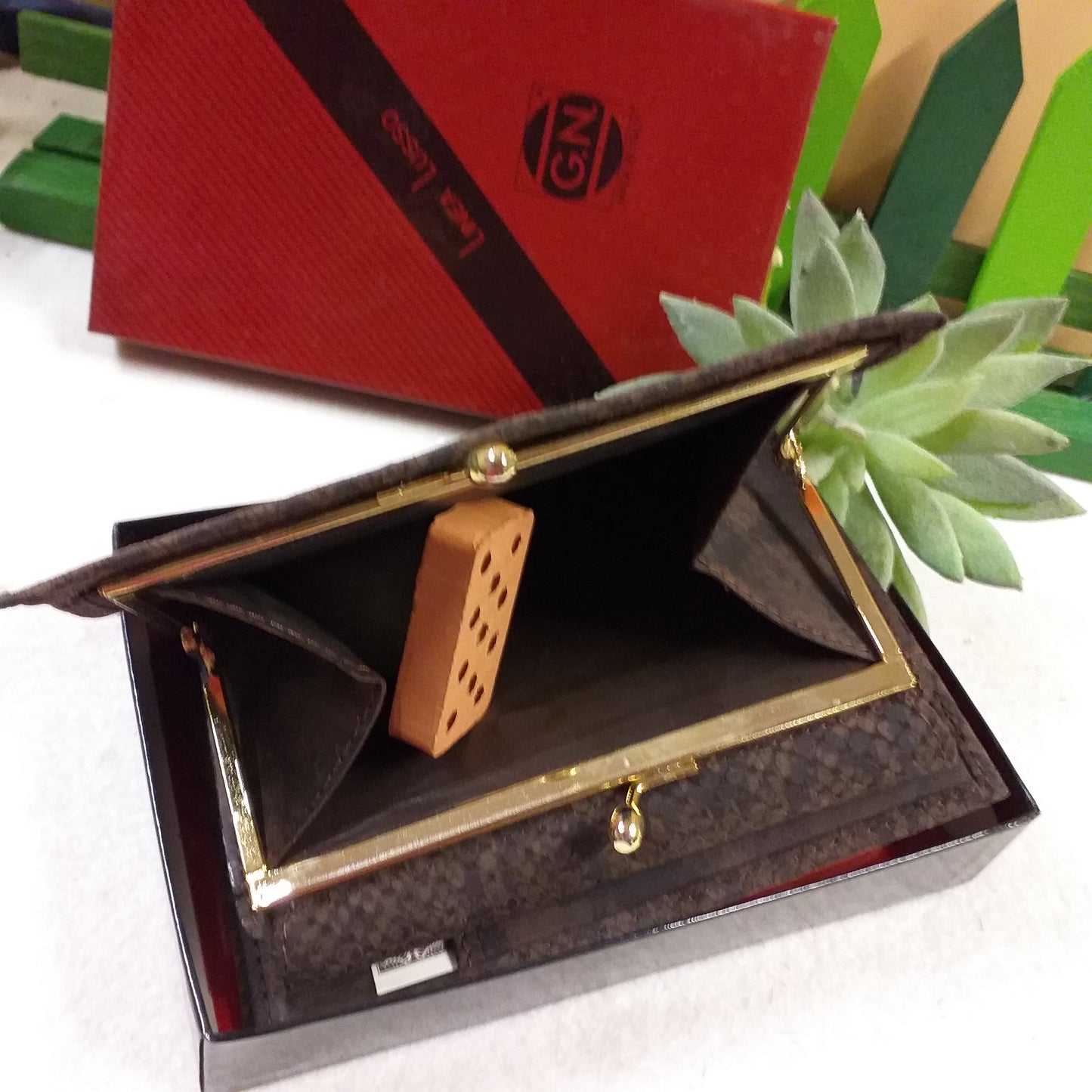 chiusura clic clac marrone scuro fantasia ecopelle portafoglio donna portafortuna con scomparti portacarte borsellino portadocumenti classico idea regalo