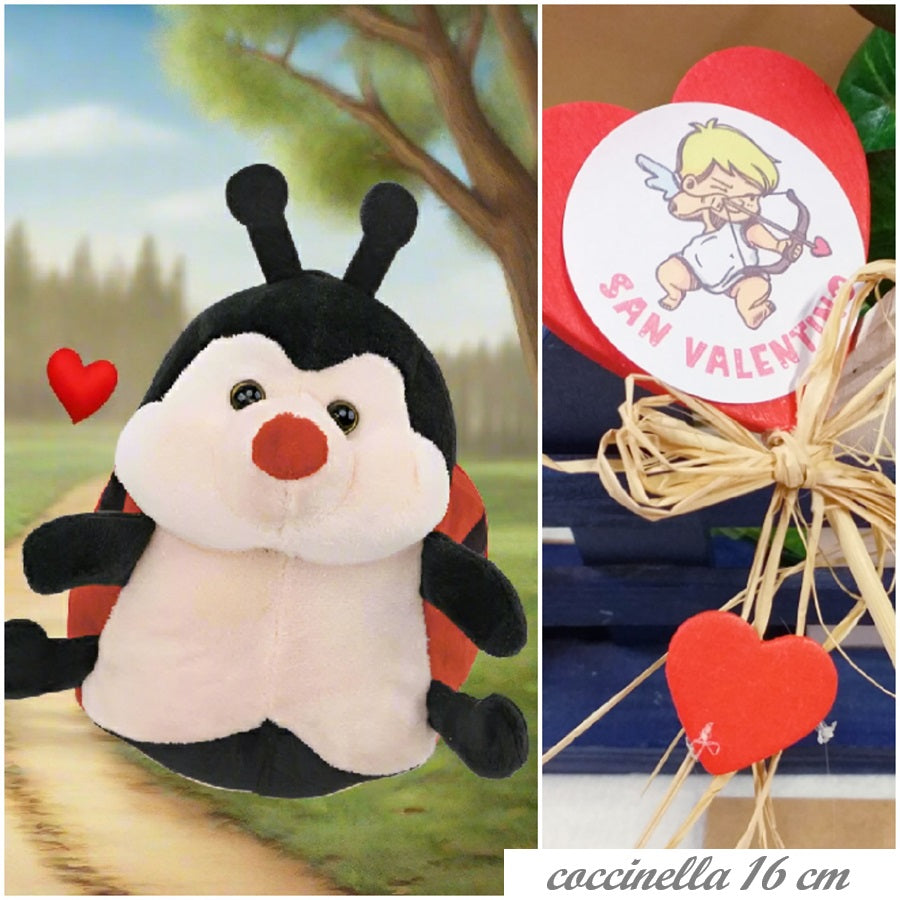 coccinella 16 cm confezione regalo San Valentino 14 febbraio festa degli innamorati pupazzo bambola pick cupido cuori rossi e peluche