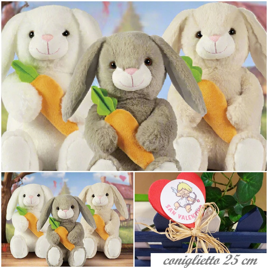 coniglietto 25 cm confezione regalo San Valentino 14 febbraio festa degli innamorati pupazzo bambola pick cupido cuori rossi e peluche