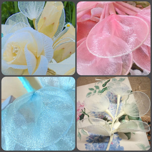 foglie racchette portaconfetti gambo stelo tulle ferretto fai da te segnaposto fiori di confetti uso confettata confezione bomboniere scatole bianche rosa azzurre celesti rametto pick da 5 pezzi o mazzolino