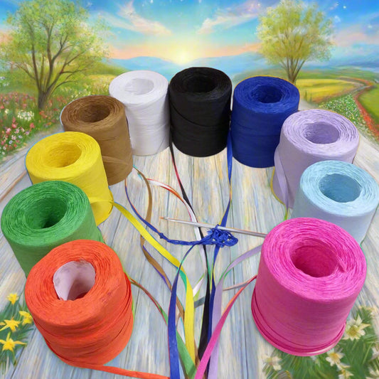 rocche rotoli rafia naturale vegetale di cellulosa R600 merceria accessori servizio uso uncinetto crochet bag borse estive cappelli colori arancio verde giallo nocciola bianco nero  bluette lilla azzurro celeste fucsia