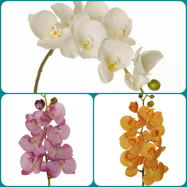 ramo finto artificiale orchidea bianca malva lilla e giallo mostarda per fai da te composizioni floreali fioristi piantina da arredamento casa ufficio negozio vetrina