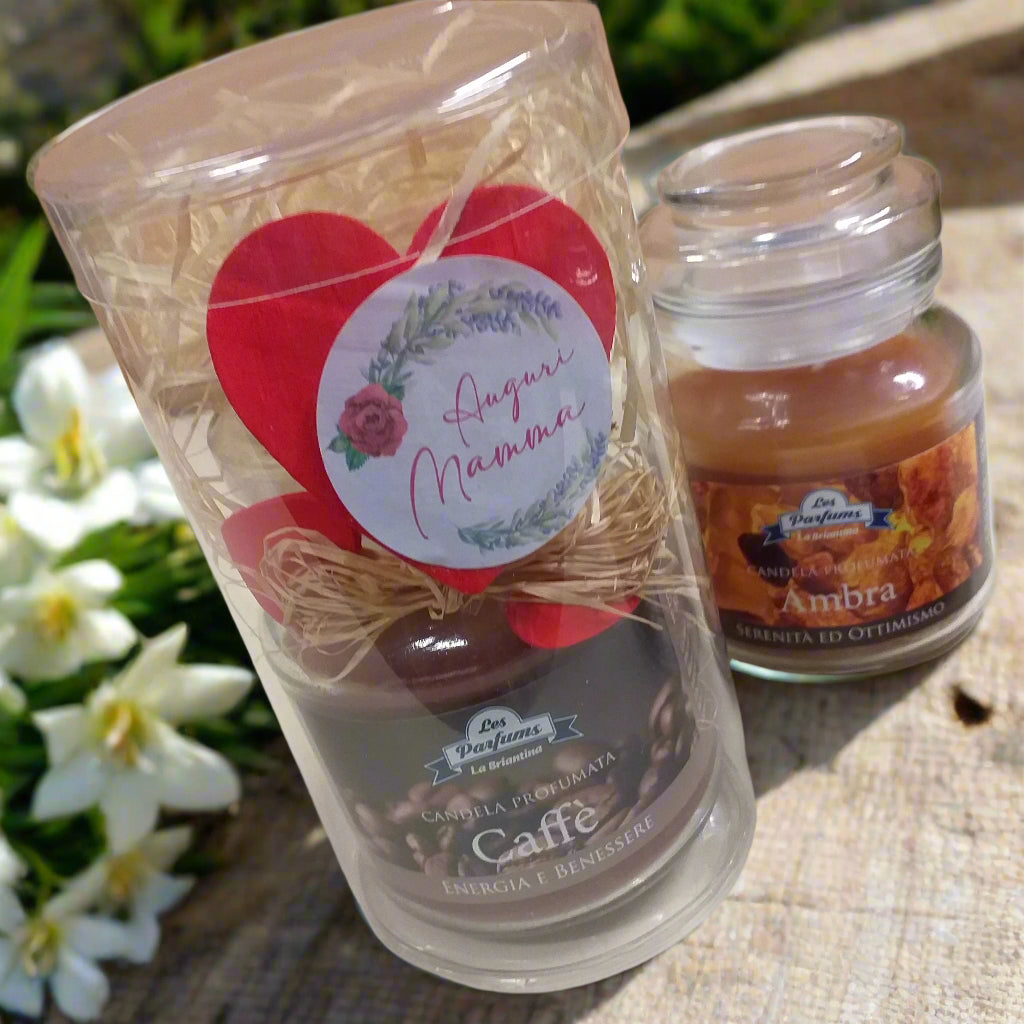 Les Parfums ambra caffè candela profumata La Briantina aromaterapia colori profumi giare di vetro piccole idee da regalare bomboniere matrimonio ricordini particolari originali festa della mamma regalino confezionato auguri
