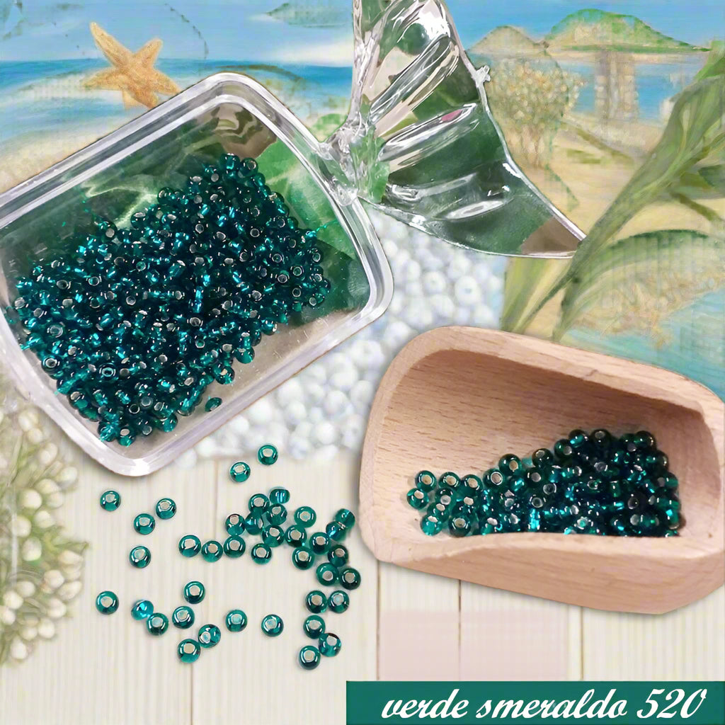 rocailles beads perline boemia di conteria vetro argentato 100 grammi verde smeraldo 520 per fiori veneziani bonsai bijoux gioielli piantine alberelli di Natale pinetti Presepe