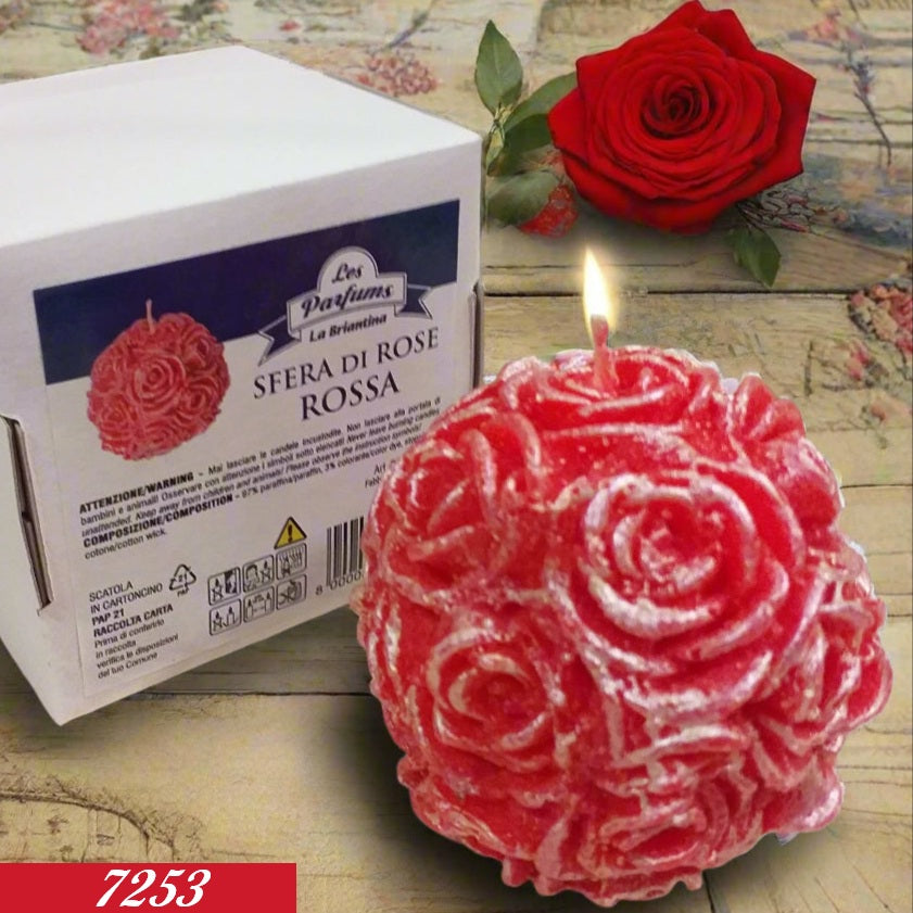 scatola astuccio e originale candela natalizia forma pallina sfera di rose rosse per centrotavola idea regalo vetrinistica packaging festa della mamma e pasquale