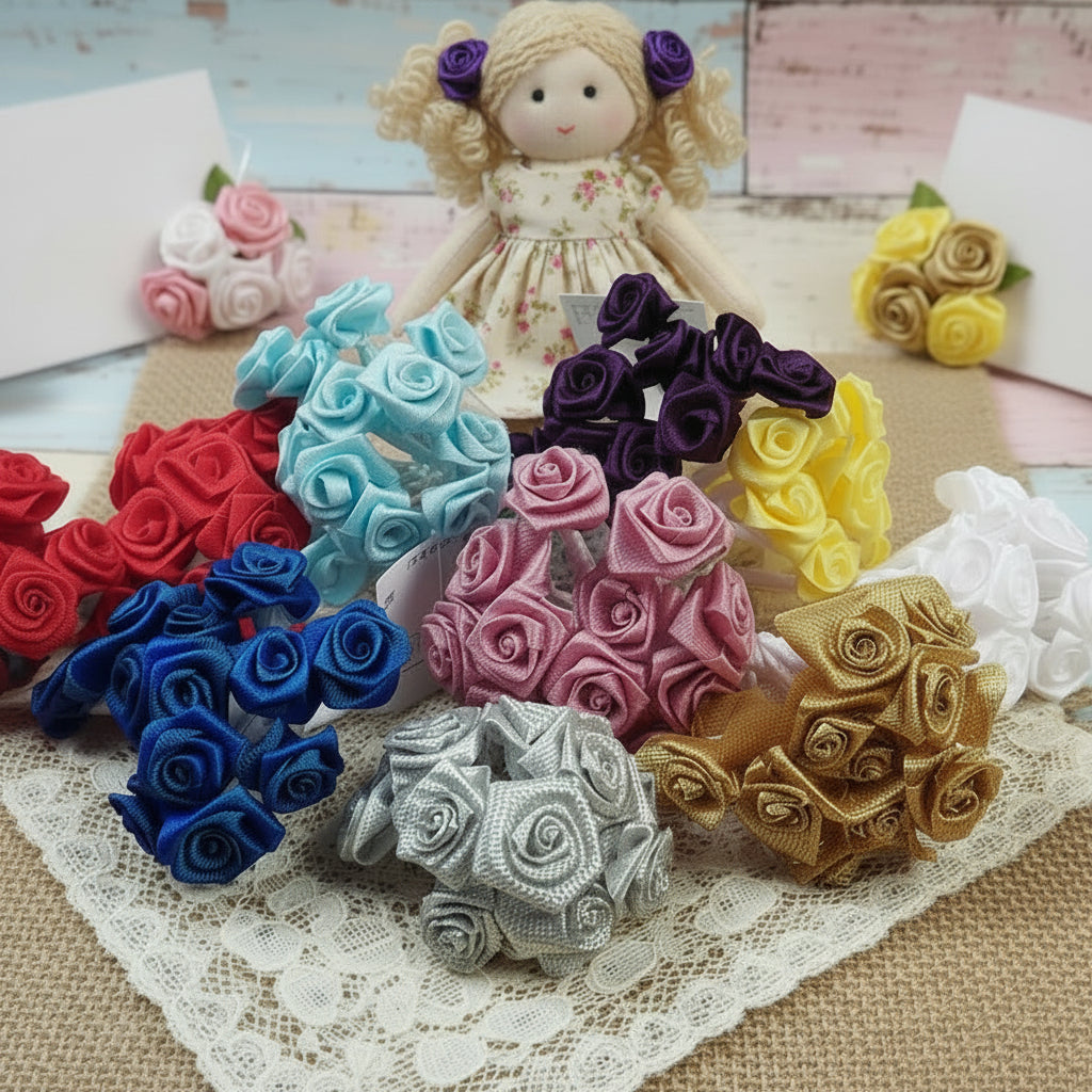 Yurosiay Mini rose in raso, 200 pezzi, 2,8 cm, colorate, decorazione a mano, con foglia, mini rose in raso, per fai da te, per lavori di cucito, artigianato, decorazione per la casa
