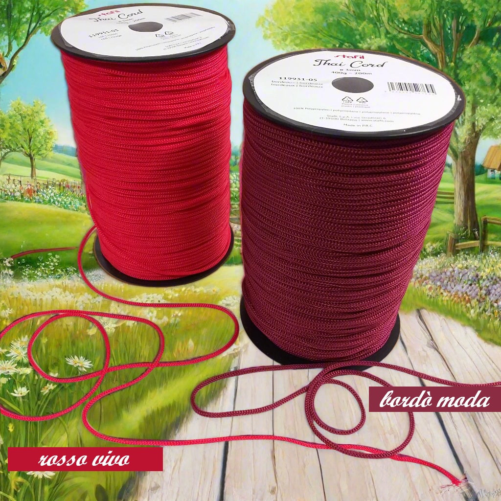 rosso vivo bordò moda 400 g 200 m spessore 3 mm Stafil Thai cordino per borse uncinetto portamonete borsellini portacellulare zainetti sacche di corda tripolino cordoncino estivo sintetico