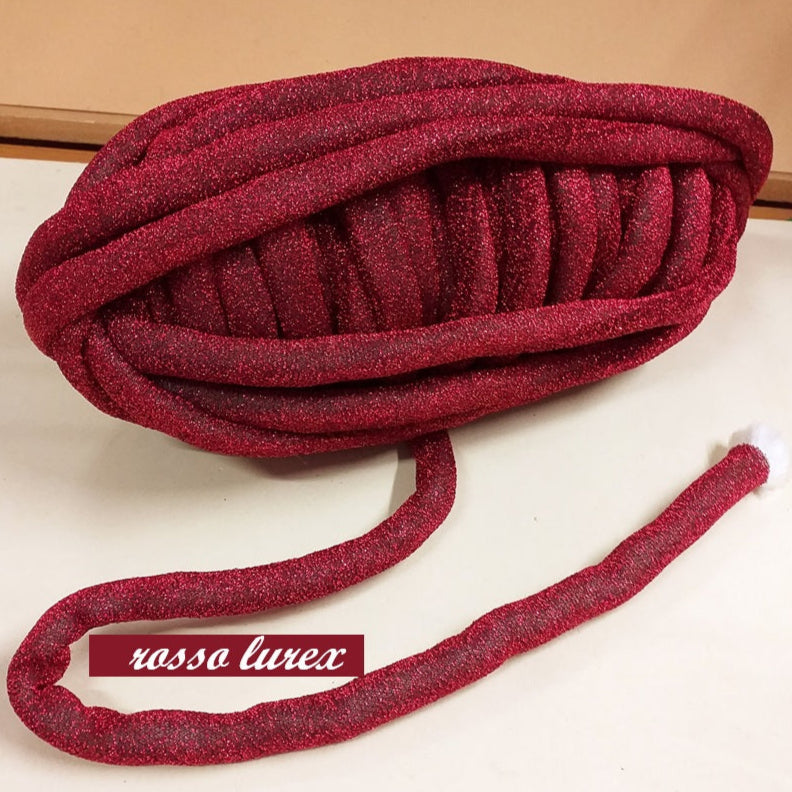 lurex rosso lamè brillantini glitterato fettuccia ripiena marshmallow filato borse gigante grosso spesso imbottito chunky bags tubolare intrecciare a mano senza uncinetto pochette