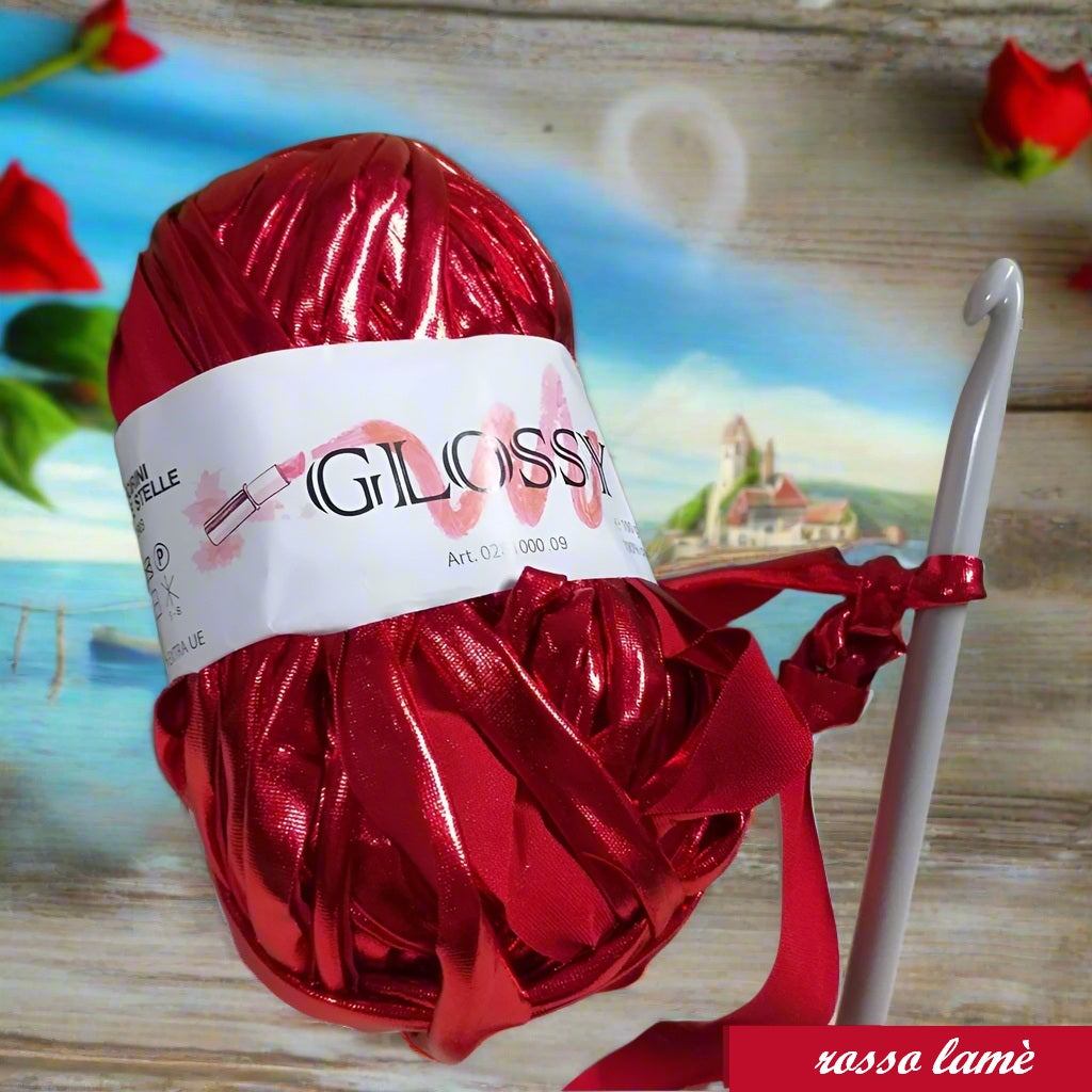rosso lamè verniciato gomitolo glossy cucirini tre stelle fettuccia metallica metallizzata simil-pelle ecopelle per borse uncinetto clutch bags estate 2025