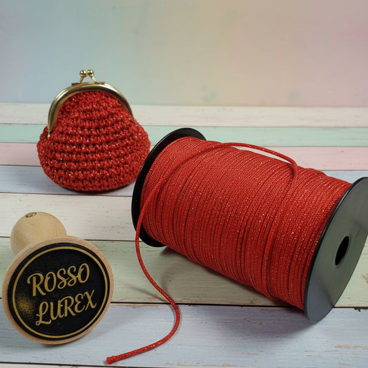 rosso lurex cordino thai per borsellino e borse uncinetto pochette tripolino brillantinato lamè glitter per bijoux amigurumi crochet cordoncino bags luccicanti dorate clutch sera cerimonia