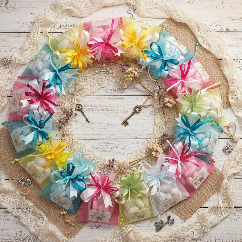 giallo fucsia tiffani-chiaro verde salvia bustine organza sacchettini portaconfetti confezionati 5 italian confetti bigliettino bomboniere laurea Comunione Cresima matrimonio Babyshower Battesimo nascita bebè allestimento shabby rustico pizzo juta