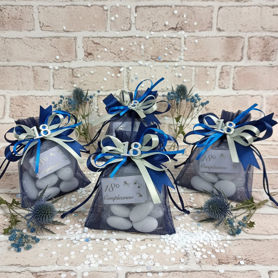 18 anni sacchetti confetti confezionati per bomboniere diciottesimo compleanno blu argento ragazzo o ragazza originali idee per allestimento con fiori secchi