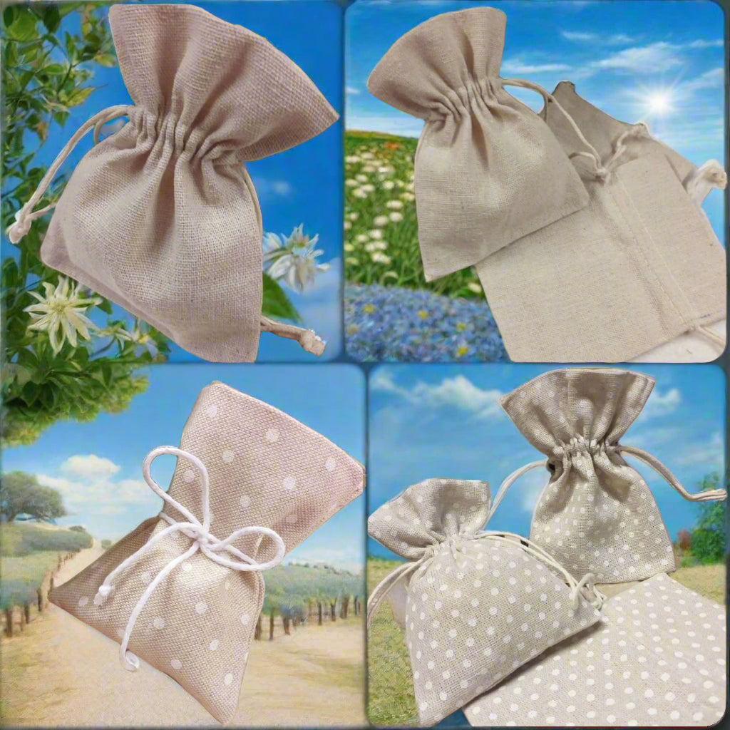 bustine con cordino tirante sacchettino juta lino beige corda portaconfetti bomboniere fai da te e confettata matrimonio Comunione Cresima uso packaging chicchi caffè enogastronomia semi piantine lavanda fiori secchi profumati riso sposi