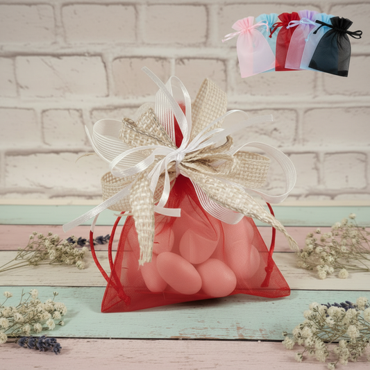 sacchetto organza colorato con grande fiocco coccarda rustica green shabby juta garza lino confezionato confetti matrimonio Prima Comunione Santa Cresima ambiente country fiori secchi grezzo naturale