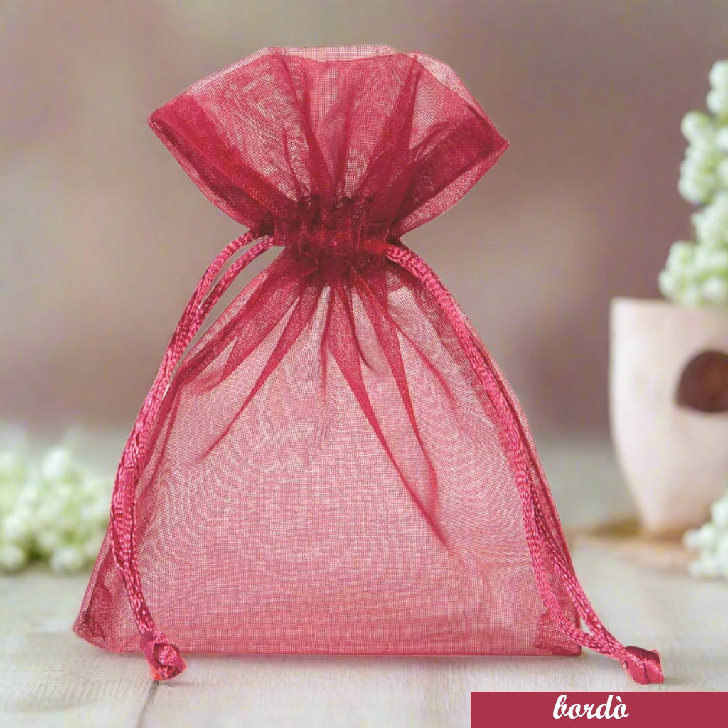 negozio online sacchetti organza bordò portaconfetti bomboniere bustine con tirante per confezioni regalo portariso sposi packaging lavanda confezionamento pot-pourri fiori profumati