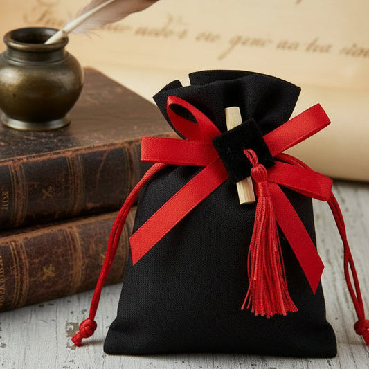 sacchetto portaconfetti nero confezionato come bomboniera laurea con coccarda rossa pergamena tocco cappello e nappina