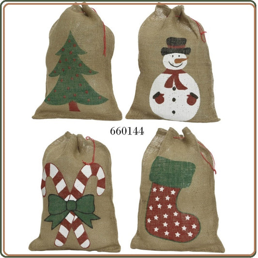 sacco juta stampato albero pupazzo neve bastoncini zucchero calza uso fai da te hobbistica Natale per decorare porta-panettone confezione regalo vetrinistica packaging albero