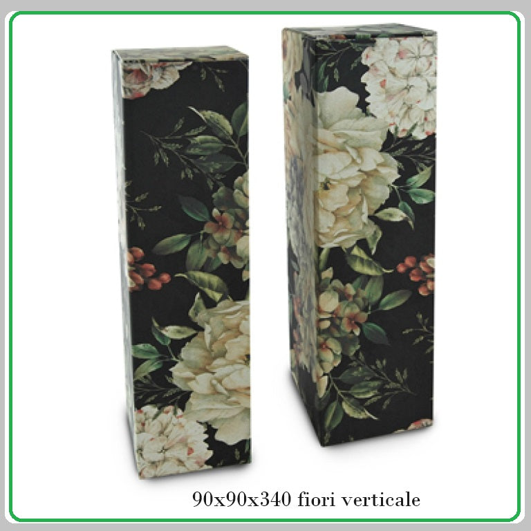 fondo nero disegni fantasia fiori frutta 90 x 90 x 340 cm scatole porta bottiglie bordolese olio vino per confezione regalo natale confezionamento packaging verticale