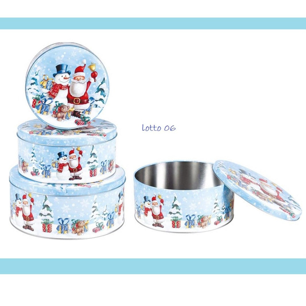 fantasia pupazzo di neve Babbo Natale pacchetti fiocchi orsetti set 3 scatole rotonde cappelliere di latta metallo da collezione uso packaging confezione regalo Natale confezionamento biscotti enogastronomia caramelle erboristeria profumeria