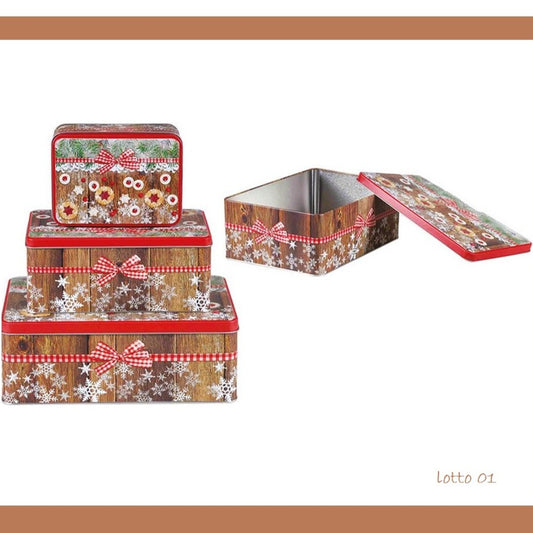 fantasia biscotti fiocco di neve stelline set 3 scatole rettangolari di latta metallo da collezione uso packaging confezione regalo Natale confezionamento biscotti enogastronomia caramelle erboristeria profumeria