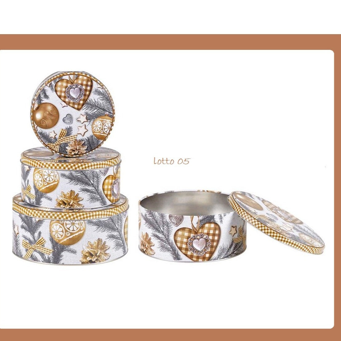 fantasia cuori balocchi addobbi albero Natalizio set 3 scatole rotonde cappelliere di latta metallo da collezione uso packaging confezione regalo Natale confezionamento biscotti enogastronomia caramelle erboristeria profumeria