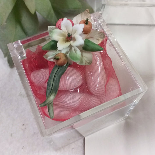 Santa Cresima Prima Comunione cubetto plastica rigida plexiglass trasparente scatoline portaconfetti fiori porcellana bomboniere fai da te o confezionate confetti italiani tulle bigliettini