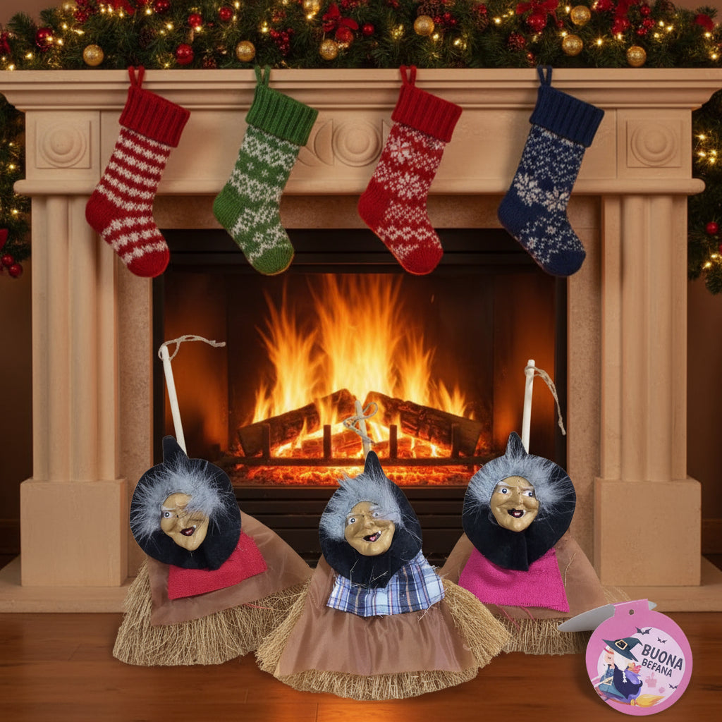 epifania 2026 ambientazione camino con calze e scopetta portafortuna scacciaguai viso di befana con ramazza di saggina