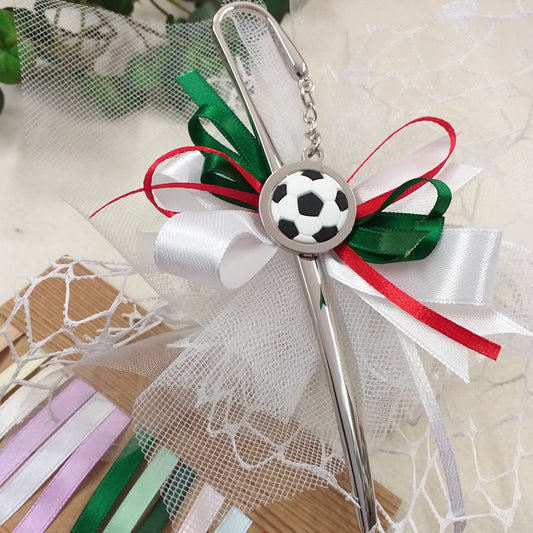 segnaposto bianco rosso verde tricolore segnalibro pallone calcio bomboniere tema sport confezionate Italian confetti sacchetto rete pizzo bigliettino Prima Comunione Cresima 18 anni laurea matrimonio