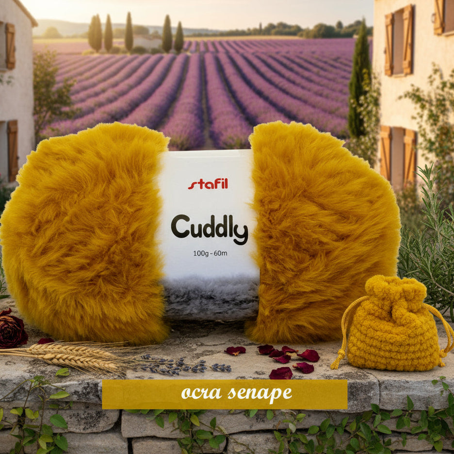 Lana pelliccia Caddly ecologica Stafil ocra senape per lavori ferri uncinetto maglia scaldacollo cappa borsa pochette clutch bag filato fettuccia pelosetto peluche bambole di pezza natale