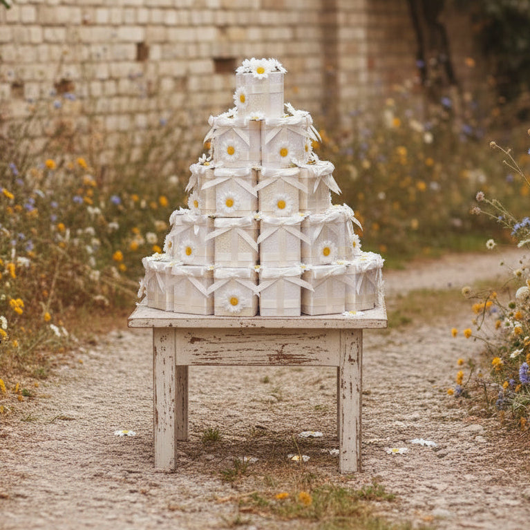 vetrinistica con margherite bianche di stoffa tessuto da spargere incollare per bomboniere fai da te decorazioni fioristi composizioni floreali pasquali centrotavola applicazioni borse torta di confetti scatoline