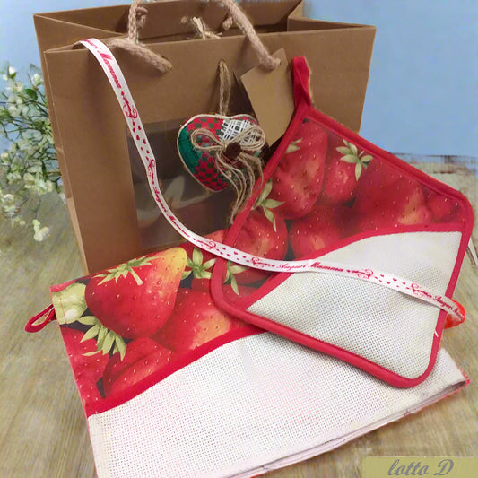 offerta outlet lotto D shopper idee regalo festa della mamma set strofinaccio presina da ricamare borsina carta kraft cuoricino tessuto patchwork corda bigliettino