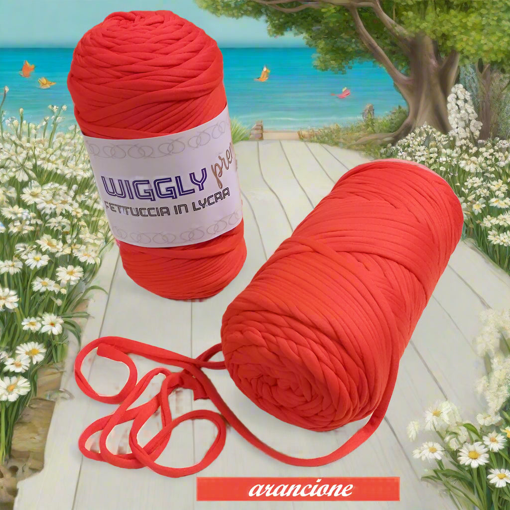 arancione shop lycra soft fettuccia borse uncinetto produttore Cucirini Tre Stelle Wiggly Premium poliestere con elastane morbida uso crochet pochette clutch bags abbigliamento moda shopper cestini