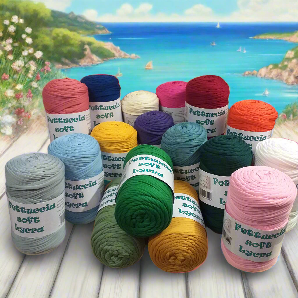 rosa grigio verde ocra giallo arancione bianco panna bordò fuxia novità crochet shop tinte lycra soft fettuccia borse uncinetto merceria accessori servizio mas produttore PL4000 poliestere con elastane morbida uso crochet pochette clutch bags abbigliamento moda mare shopper cestini