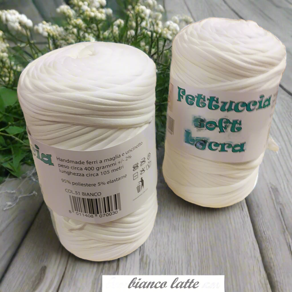 bianco latte crochet shop lycra soft fettuccia borse uncinetto merceria accessori servizio mas produttore PL4000 poliestere con elastane morbida uso crochet pochette clutch bags abbigliamento moda shopper cestini