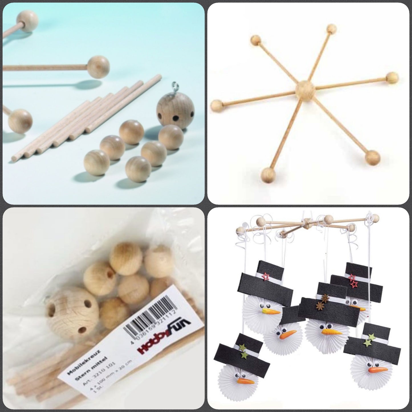 idea HobbyFun giostrina mobile con pupazzi di neve kit da assemblare fai da te per costruire forma sostegno telaio supporto croce stella 6 braccia di legno