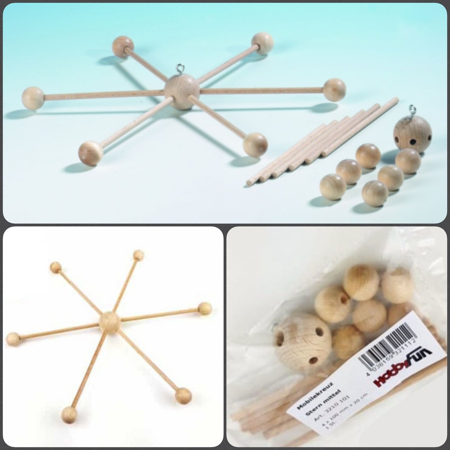 come assemblare componenti palline sfere bastoncini HobbyFun giostrina mobile kit da assemblare fai da te per costruire forma sostegno telaio supporto croce stella 6 braccia di legno