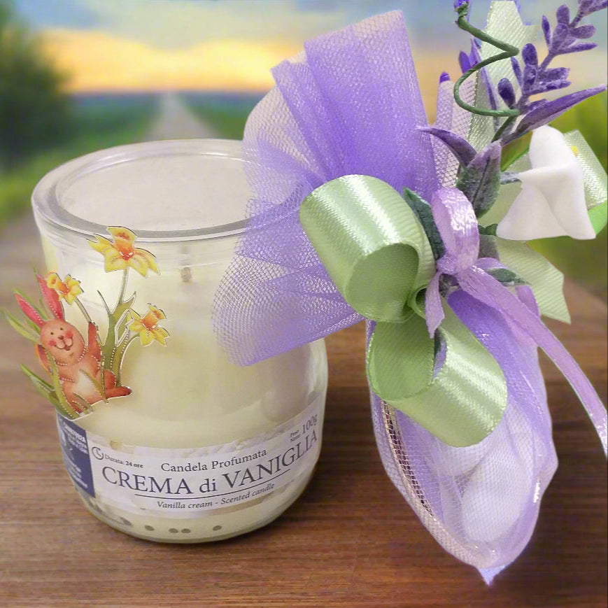 idea fai da te addobbi decorazioni candela bomboniera battesimo nascita centrotavola sticker coniglietto fiori confezionato confetti tulle lavanda calla