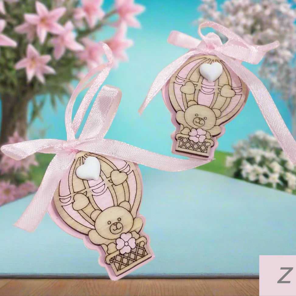 lotto z stock 2 mongolfiere ciondolo legnetto applicazione legno per aprifesta ricordini gadget bomboniera bimba rosa femminuccia