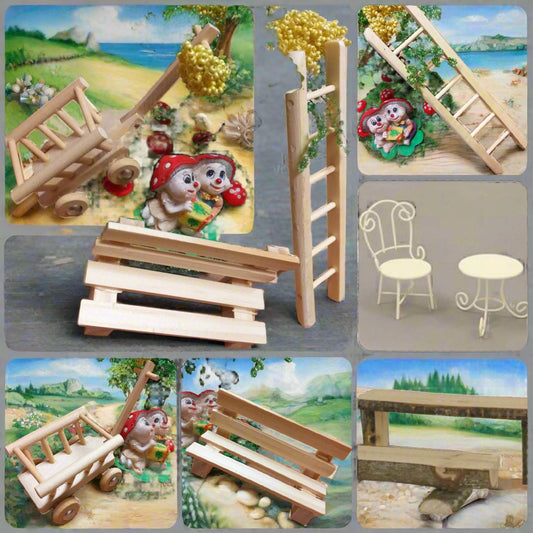 sedia tavolo ferro ambientazioni arredi legno naturale Presepe accessori miniature mini giardino panchina scala carro per micro paesaggio diy decorazioni idea vetrinistica bonsai albero pianta di perline e filo di ferro