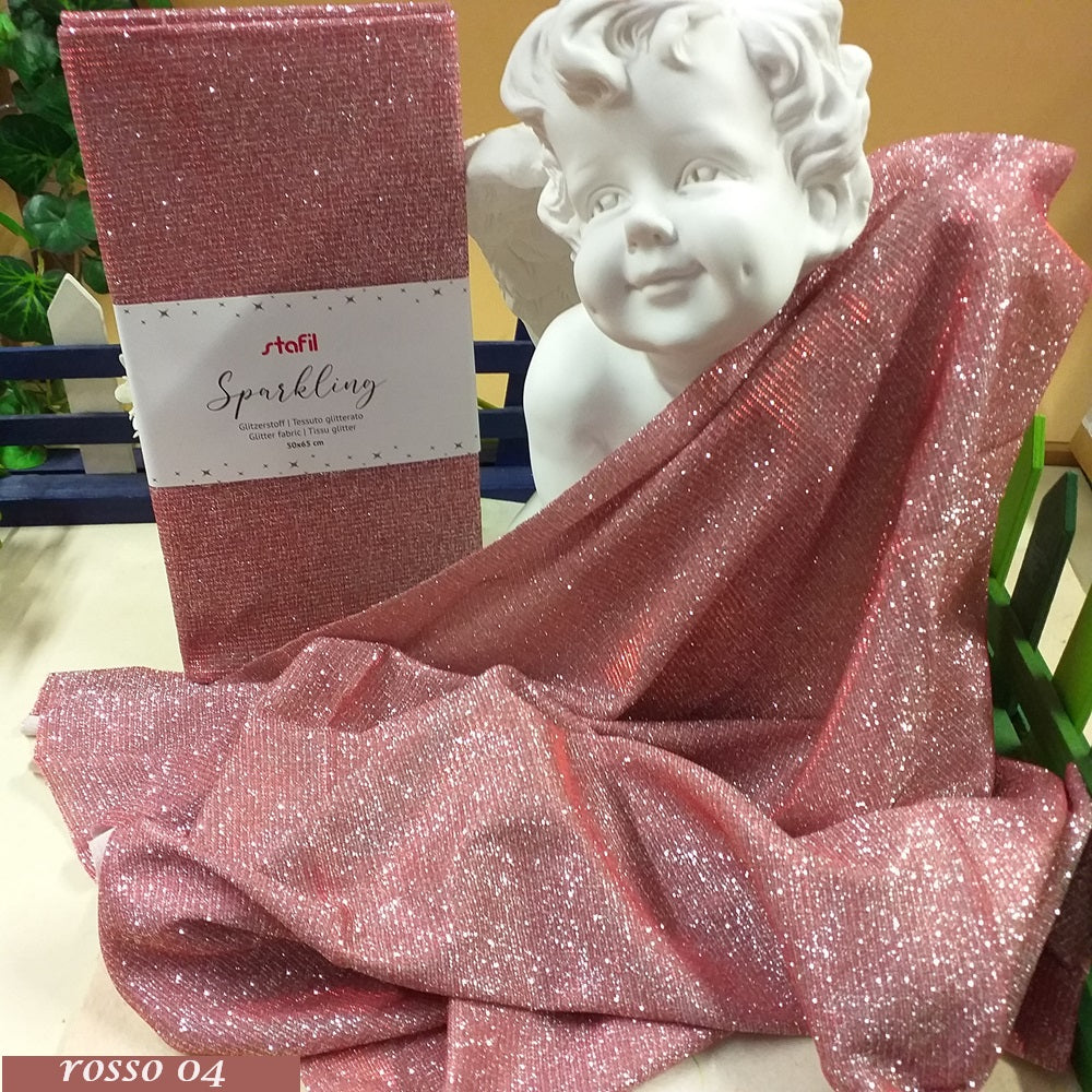 rosso 04 stoffa glitter tessuto sparkling brillantinato stafil 50 x 55 cm vetrina statua angelo idea decorazioni pasqua natale scampoli da hobbistica