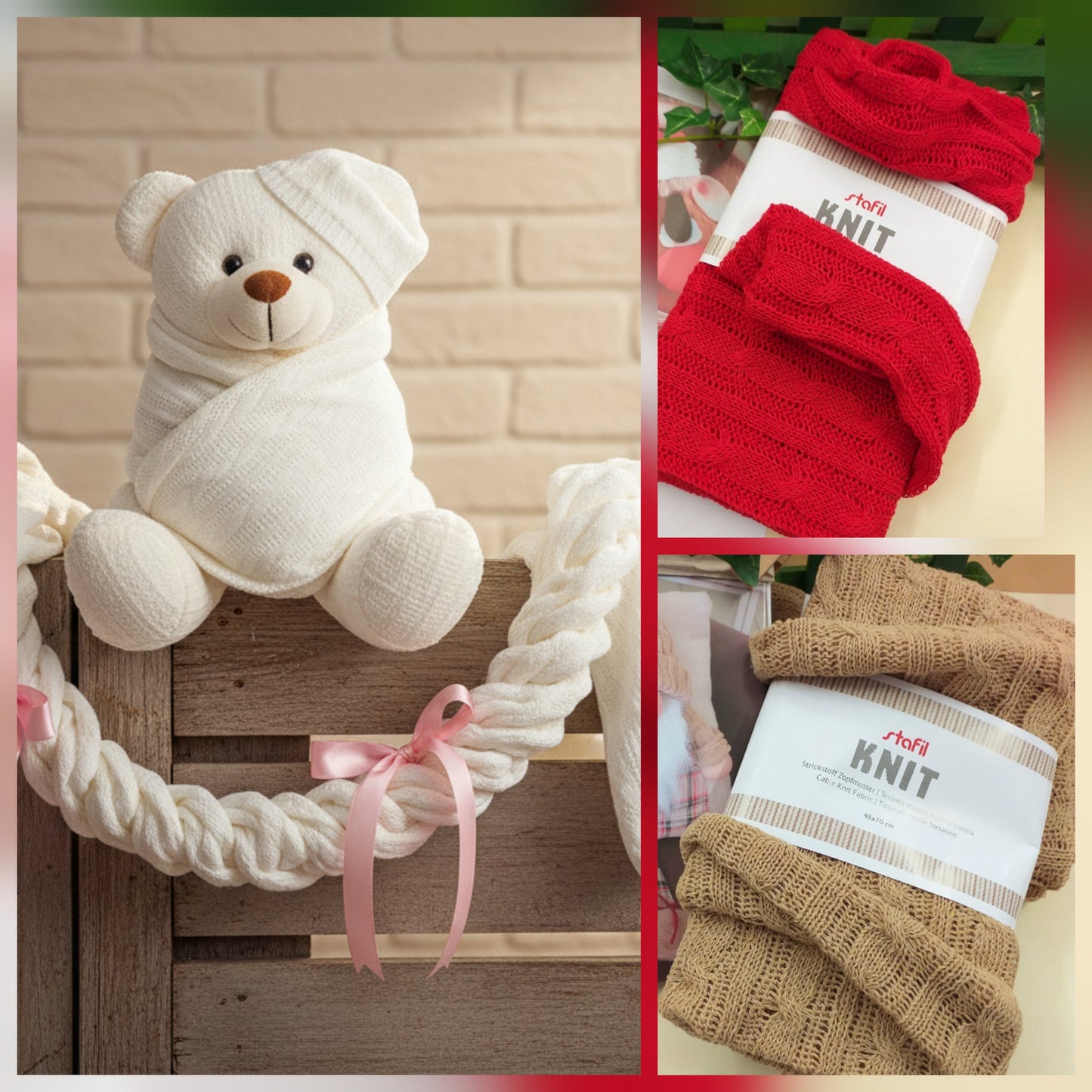 bianco beige rosso lana tessuto a maglia treccia knit stoffa sintetica per cucito creativo hobby lavoretti natalizi decorazioni idea creazione orso ghirlanda