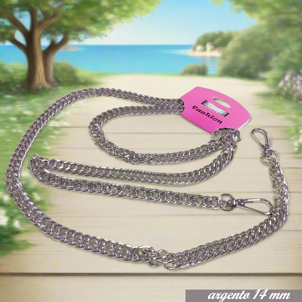 maglia 14 mm colore argento catenella manici tracolla catene borse uncinetto per pochette clutch bags bustine di tessuto stoffa corda fettuccia con moschettoni finali
